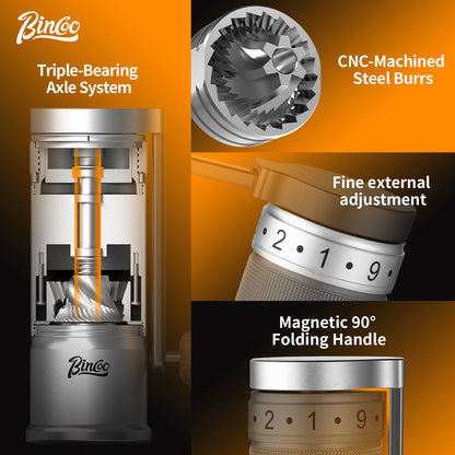 Bincoo GYKF1522 Manual Coffee Grinder,CNC Stainless Steel Burr Adjustable Foldable Hand-Crank Coffee Bean Grinding