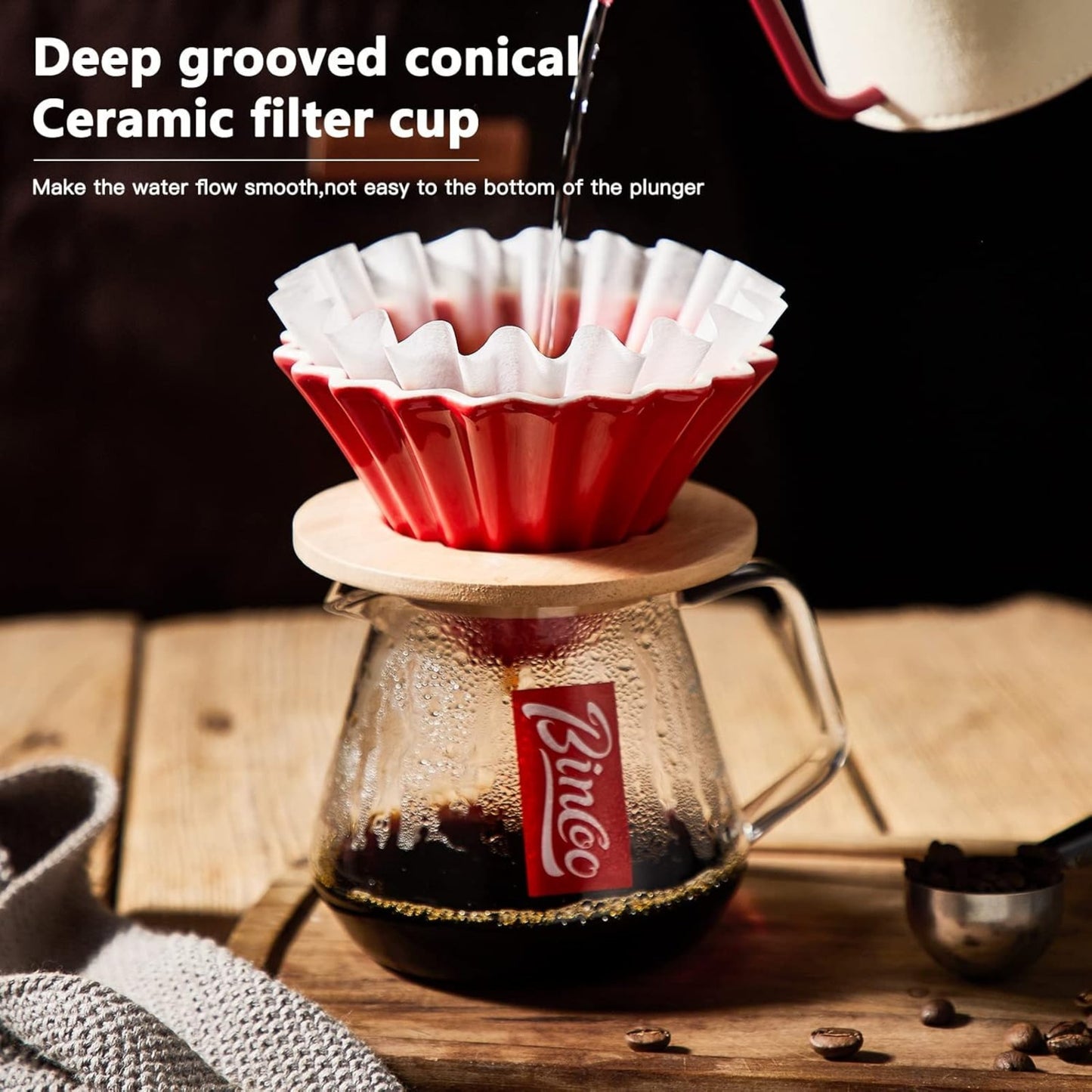 Bincoo Pour Over Coffee Maker Set with Dripper,400ml Glass Coffee Server Set,Ceramics Coffee Dripper with Wood Stand&Filter Paper for Home Office Gift