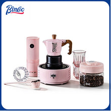 BINCOO Pink 3-Valve Moka Pot with Electric Stove Set Coffee Grinder Stovetop Coffee Maker Small Home Use 2 Cups