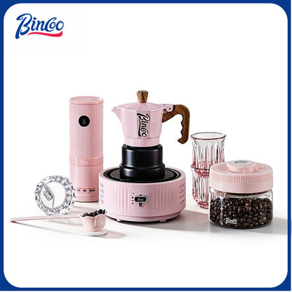 BINCOO Pink 3-Valve Moka Pot with Electric Stove Set Coffee Grinder Stovetop Coffee Maker Small Home Use 2 Cups