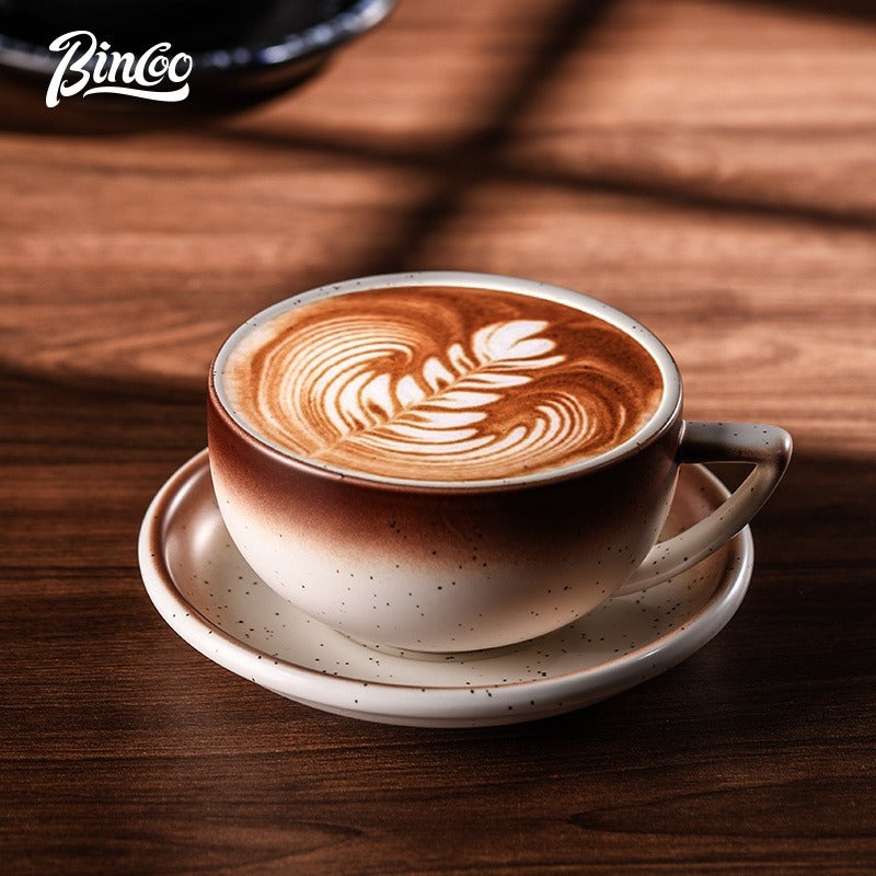 BINCOO Ceramic Cup Coffee Mug Professional Latte Art Cup Embossed Mug Tasting Cup with Milk Frother