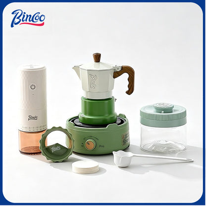 BINCOO Three‑Valve Moka Pot Set with Electric Hot Plate Manual Home Espresso Mini Coffee Maker Outdoor Coffee Kit 2Cups