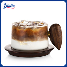 Bincoo Glass Coffee Cups and Saucers Set,250ML Clear Glass Iced Coffee Mug Espresso Cup Tea Cup with Walnut Coaster and Handle (Clear)