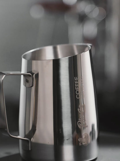 Milk Frothing Pitcher with Sharp Spout & Angled Rim – Precision latte art pitcher for Fine Lines & Intricate Patterns – 18/8 Stainless Steel Milk Steamer Cup for Cappucci
