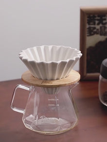 Bincoo GYKF0705 400ML Pour Over Coffee Maker Set with Filter Paper, Ceramic Coffee Dripper with Wood Stand Set for 1-2 Cups - Professional Brewing Tools for Home Office (White)