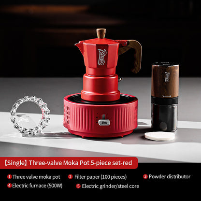 BINCOO Red Three-Valve Moka Pot with Electric Stove Set, Coffee Maker, Manual Coffee Grinder Set, Italian-Style Coffee Outdoor Set 1Cup/2Cups