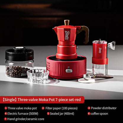 BINCOO Red Three-Valve Moka Pot with Electric Stove Set, Coffee Maker, Manual Coffee Grinder Set, Italian-Style Coffee Outdoor Set 1Cup/2Cups