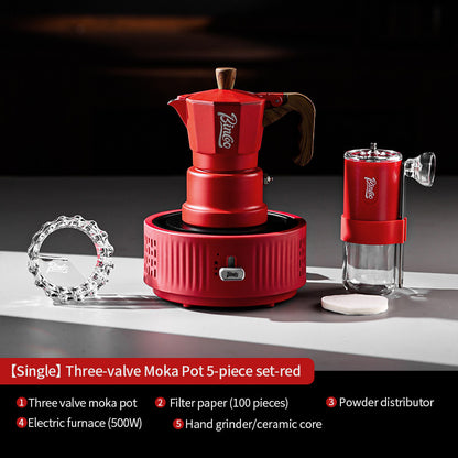 BINCOO Red Three-Valve Moka Pot with Electric Stove Set, Coffee Maker, Manual Coffee Grinder Set, Italian-Style Coffee Outdoor Set 1Cup/2Cups
