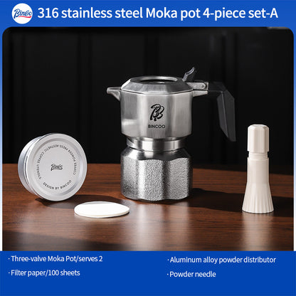 BINCOO 316 Stainless Steel Three-Valve Moka Pot with Cloth Powder Distributor Dual-Valve Espresso Machine Home & Outdoor Coffee Maker 2Cups