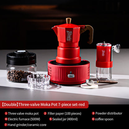 BINCOO Red Three-Valve Moka Pot with Electric Stove Set, Coffee Maker, Manual Coffee Grinder Set, Italian-Style Coffee Outdoor Set 1Cup/2Cups