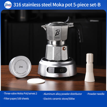 BINCOO 316 Stainless Steel Three-Valve Moka Pot with Cloth Powder Distributor Dual-Valve Espresso Machine Home & Outdoor Coffee Maker 2Cups
