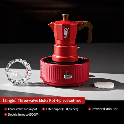 BINCOO Red Three-Valve Moka Pot with Electric Stove Set, Coffee Maker, Manual Coffee Grinder Set, Italian-Style Coffee Outdoor Set 1Cup/2Cups