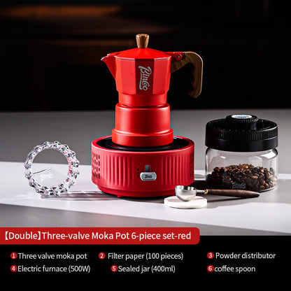 BINCOO Red Three-Valve Moka Pot with Electric Stove Set, Coffee Maker, Manual Coffee Grinder Set, Italian-Style Coffee Outdoor Set 1Cup/2Cups