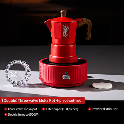 BINCOO Red Three-Valve Moka Pot with Electric Stove Set, Coffee Maker, Manual Coffee Grinder Set, Italian-Style Coffee Outdoor Set 1Cup/2Cups