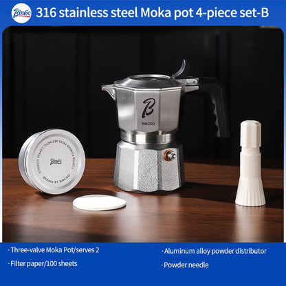 BINCOO 316 Stainless Steel Three-Valve Moka Pot with Cloth Powder Distributor Dual-Valve Espresso Machine Home & Outdoor Coffee Maker 2Cups