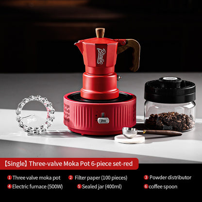 BINCOO Red Three-Valve Moka Pot with Electric Stove Set, Coffee Maker, Manual Coffee Grinder Set, Italian-Style Coffee Outdoor Set 1Cup/2Cups