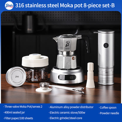 BINCOO 316 Stainless Steel Three-Valve Moka Pot with Cloth Powder Distributor Dual-Valve Espresso Machine Home & Outdoor Coffee Maker 2Cups