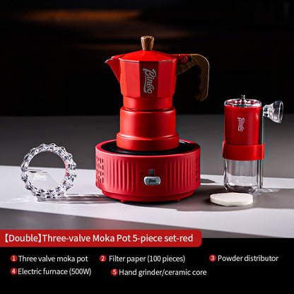 BINCOO Red Three-Valve Moka Pot with Electric Stove Set, Coffee Maker, Manual Coffee Grinder Set, Italian-Style Coffee Outdoor Set 1Cup/2Cups