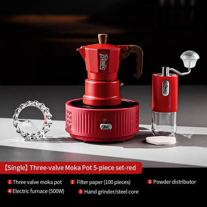 BINCOO Red Three-Valve Moka Pot with Electric Stove Set, Coffee Maker, Manual Coffee Grinder Set, Italian-Style Coffee Outdoor Set 1Cup/2Cups