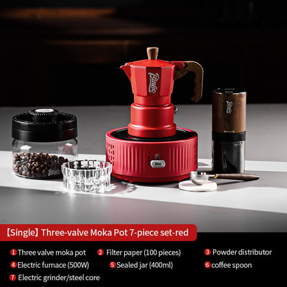 BINCOO Red Three-Valve Moka Pot with Electric Stove Set, Coffee Maker, Manual Coffee Grinder Set, Italian-Style Coffee Outdoor Set 1Cup/2Cups