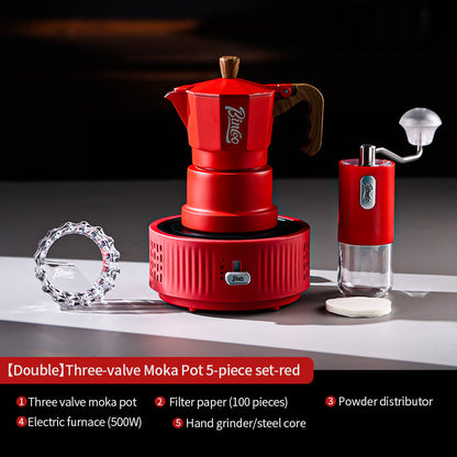 BINCOO Red Three-Valve Moka Pot with Electric Stove Set, Coffee Maker, Manual Coffee Grinder Set, Italian-Style Coffee Outdoor Set 1Cup/2Cups