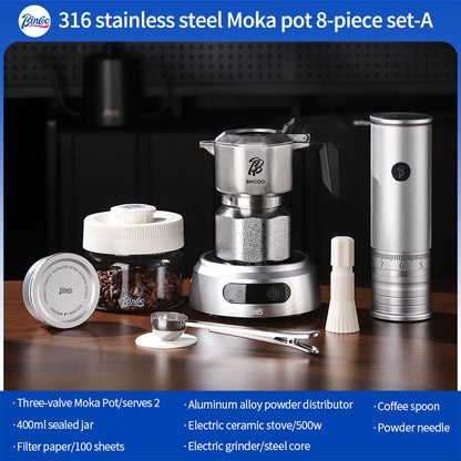 BINCOO 316 Stainless Steel Three-Valve Moka Pot with Cloth Powder Distributor Dual-Valve Espresso Machine Home & Outdoor Coffee Maker 2Cups