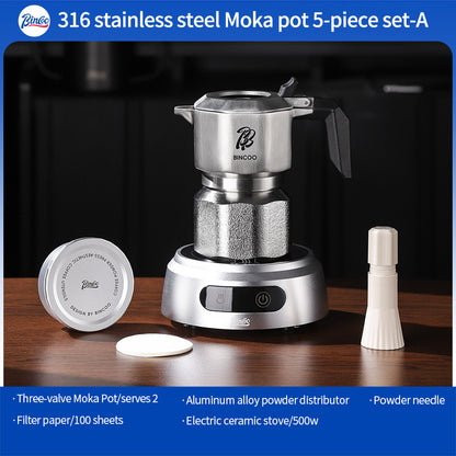 BINCOO 316 Stainless Steel Three-Valve Moka Pot with Cloth Powder Distributor Dual-Valve Espresso Machine Home & Outdoor Coffee Maker 2Cups