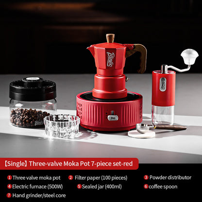 BINCOO Red Three-Valve Moka Pot with Electric Stove Set, Coffee Maker, Manual Coffee Grinder Set, Italian-Style Coffee Outdoor Set 1Cup/2Cups