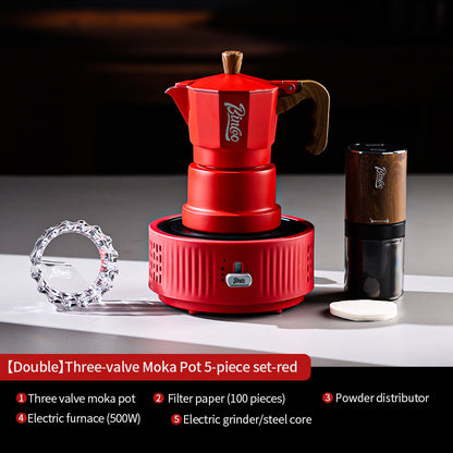 BINCOO Red Three-Valve Moka Pot with Electric Stove Set, Coffee Maker, Manual Coffee Grinder Set, Italian-Style Coffee Outdoor Set 1Cup/2Cups