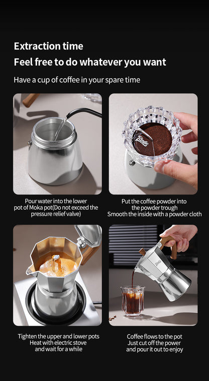 BINCOO Single Valve Moka Pot Stovetop Coffee Maker, 3rd Gen Pressure Boost Espresso Pot with Comfort Wood Handle for Home Barista Perfect Flavor Brewing