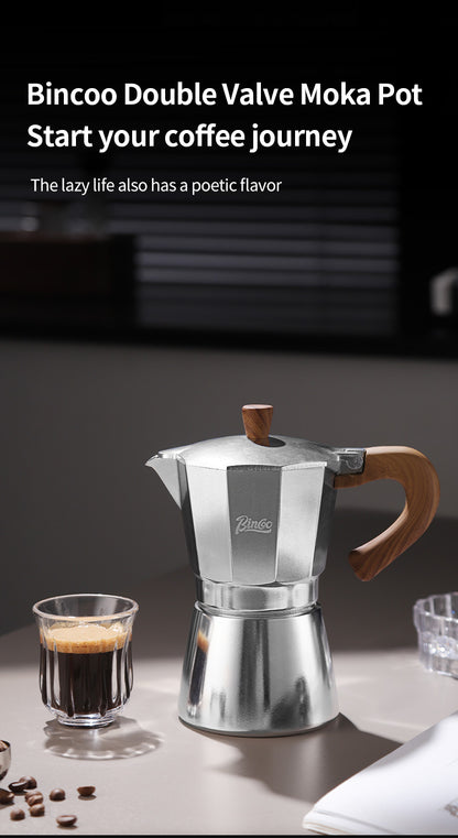BINCOO Single Valve Moka Pot Stovetop Coffee Maker, 3rd Gen Pressure Boost Espresso Pot with Comfort Wood Handle for Home Barista Perfect Flavor Brewing