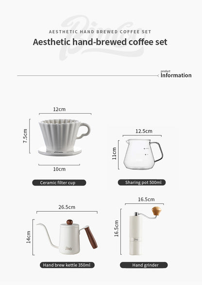 Bincoo Complete Pour Over Coffee Set, Yuguang Pleated Ceramic Dripper Hand Brew Kit with Gooseneck Kettle, Manual Coffee Grinder, Glass Coffee Server & Digital Coffee Scale, Aesthetic Home Barista Coffee Making Kit