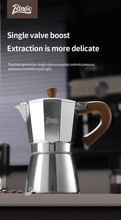 BINCOO Single Valve Moka Pot Stovetop Coffee Maker, 3rd Gen Pressure Boost Espresso Pot with Comfort Wood Handle for Home Barista Perfect Flavor Brewing