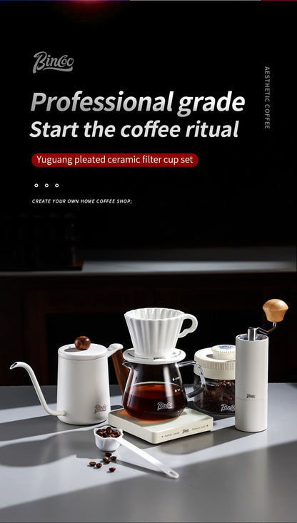 Bincoo Complete Pour Over Coffee Set, Yuguang Pleated Ceramic Dripper Hand Brew Kit with Gooseneck Kettle, Manual Coffee Grinder, Glass Coffee Server & Digital Coffee Scale, Aesthetic Home Barista Coffee Making Kit