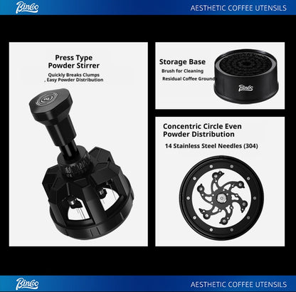 BINCOO Push Style Coffee WDT Distribution Needle, Adjustable Espresso Powder Stirrer with Brush Cleaning Base