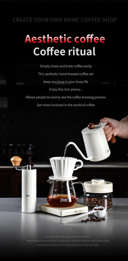 Bincoo Complete Pour Over Coffee Set, Yuguang Pleated Ceramic Dripper Hand Brew Kit with Gooseneck Kettle, Manual Coffee Grinder, Glass Coffee Server & Digital Coffee Scale, Aesthetic Home Barista Coffee Making Kit