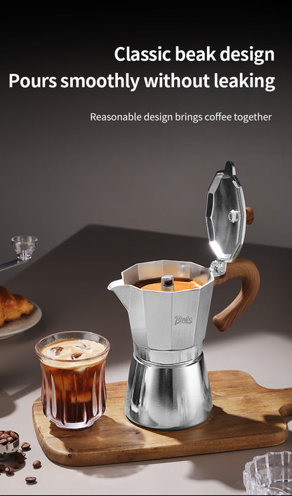 BINCOO Single Valve Moka Pot Stovetop Coffee Maker, 3rd Gen Pressure Boost Espresso Pot with Comfort Wood Handle for Home Barista Perfect Flavor Brewing